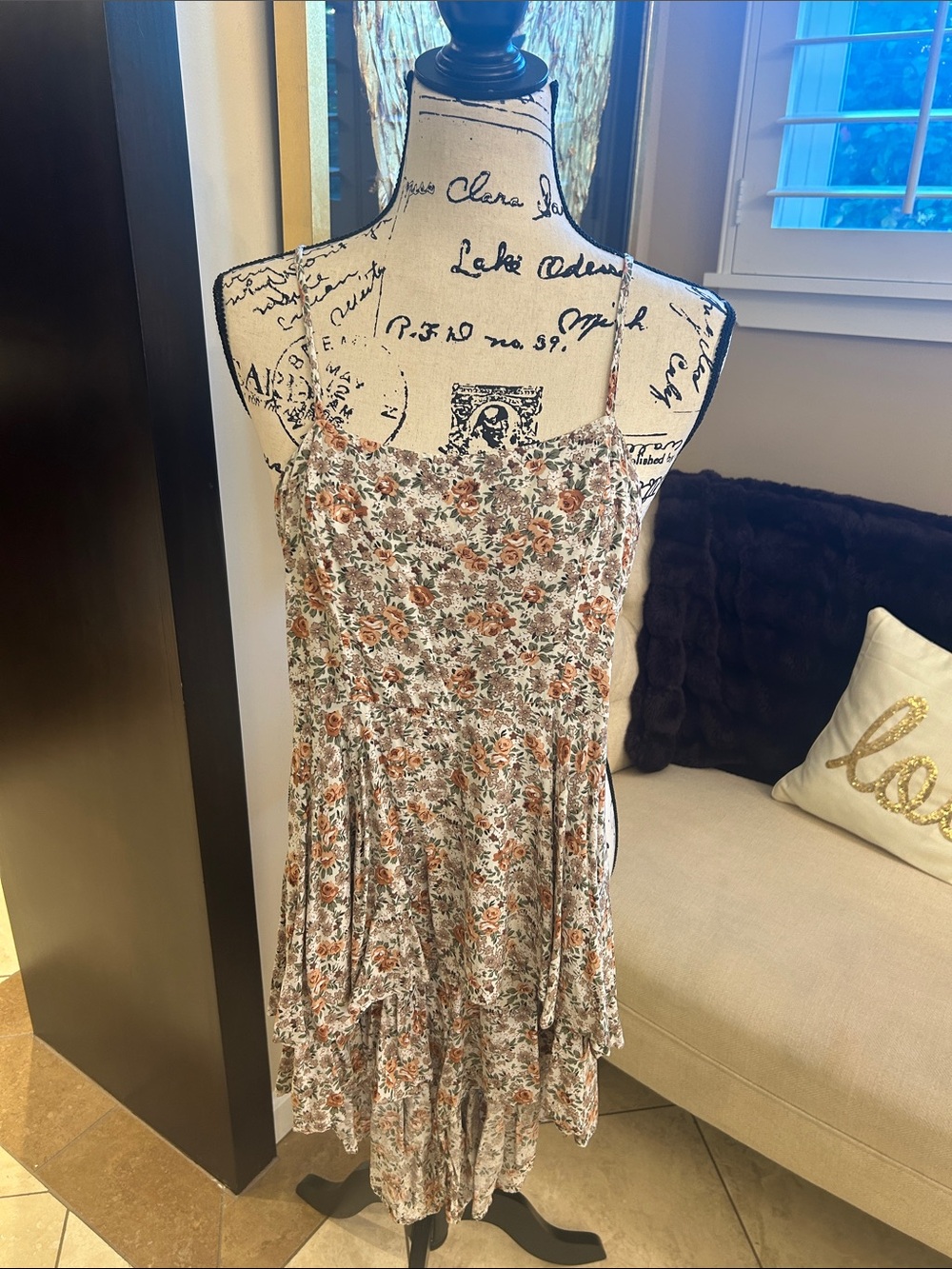 Floral Spaghetti-Strap Romper — Rust Floral on Cream